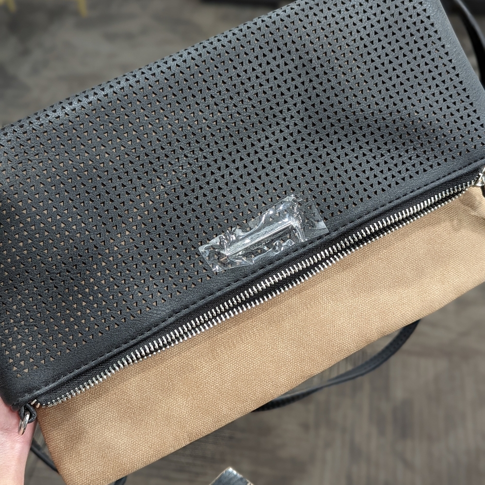 Stella & Dot Black + Tan Crossbody Clutch